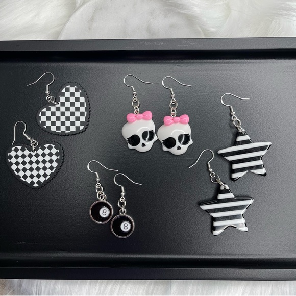 Handmade Jewelry - Set of 4 - Black White and Pink Acrylic and Enamel Earrings